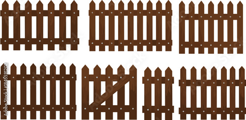 Wooden fence panels, vertical slats, pointed tops, gate design, construction elements, landscaping illustration, rustic barriers, outdoor structure styles, brown timber accents