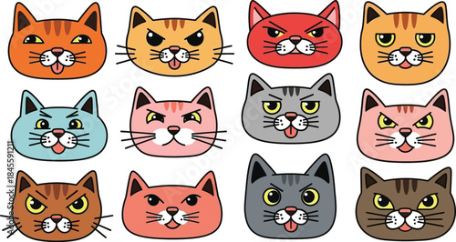 Colorful cartoon cat faces with various expressions and emotions