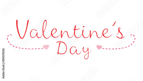 Beautiful red cursive typography design for valentine's day with hearts and dotted line on white background for love cards and romantic celebrations