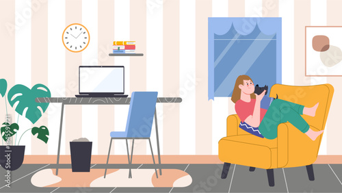 Woman rest in chair. Girl with little dog, young female character in room with computer. Working zone, rest time, student office, vector scene