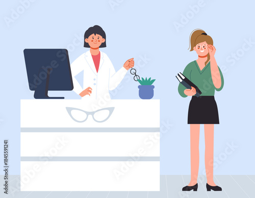 Young woman chooses glasses at optical store. Ophthalmologist, female trying on glasses. Sales consultant and buyer, student or office worker, vector scene