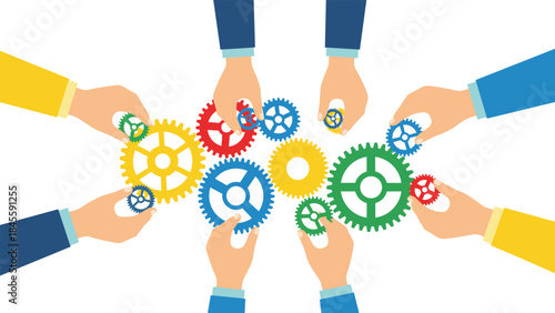 Diverse hands from various directions collaborating to interlock colorful gears, symbolizing effective teamwork, partnership, and problem-solving.