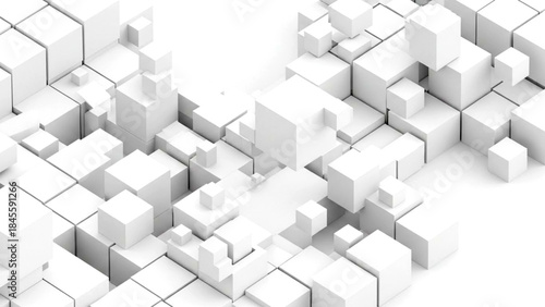 A 3d rendering of numerous white cubes of various sizes scattered randomly isolated on