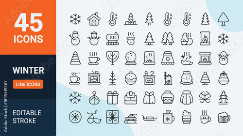 Winter Line Icons Set Collection of Editable Stroke Graphics with Snowflakes, Snowmen, Trees, Gifts, and Hot Drinks for Seasonal Design