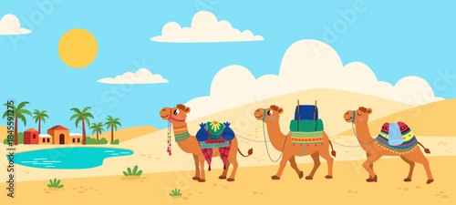 Cartoon camels in desert. Camel caravan walking to oasis with lake, arabian style buildings, palms. Animals with things in sand dunes, classy vector landscape