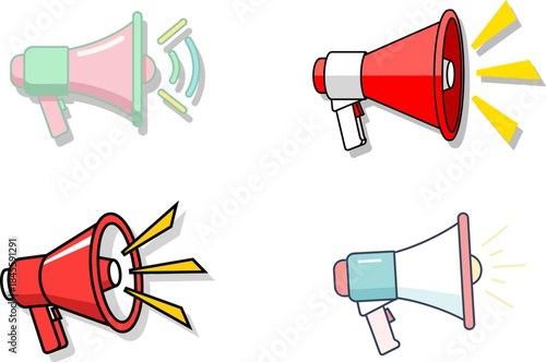Collection of various megaphones and loudspeakers in different colors and styles on a clean transparent background, representing diverse communication tools for public address