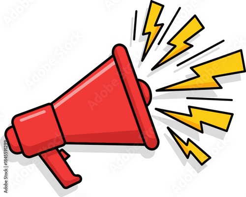 Red cartoon megaphone loudspeaker with yellow lightning bolts for sound icon isolated on a transparent background vector illustration communication concept