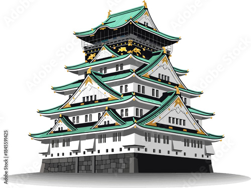 Osaka Castle Vector Illustration, Iconic Japanese Multi Storey Fortress And Cultural Landmark