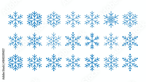 A versatile collection of twenty distinct blue snowflake vector icons, perfect for winter holiday designs, seasonal decorations, and festive graphic projects