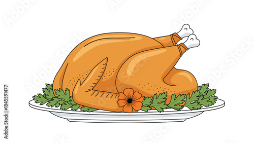 A perfectly roasted turkey presented on a festive platter, garnished with fresh parsley and a decorative flower, ideal for holiday celebrations.