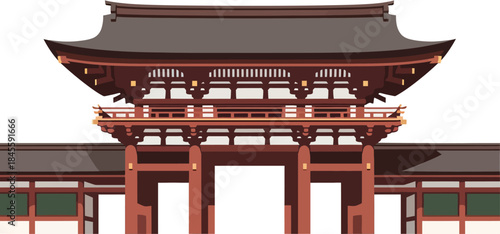Meiji Jingu Shrine Entrance Vector Illustration, Traditional Japanese Sacred Architecture And Cultural Symbol
