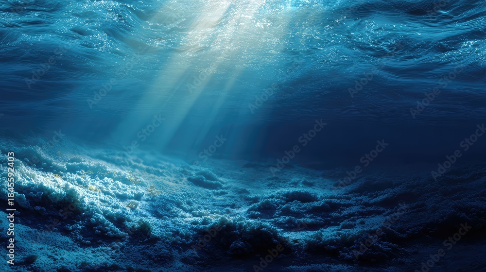 Naklejka premium an underwater scene with sunlight filtering through from above, illuminating the deep blue water and creating rays of light