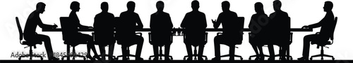 Corporate boardroom meeting illustration, large business team discussion at conference table, professional workplace collaboration, management strategy planning, office leadership, silhouettes concept