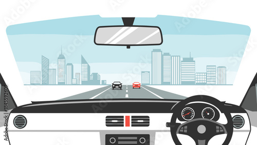 View from inside a car's dashboard, looking out at a busy city road with other vehicles, capturing the essence of daily urban commuting.