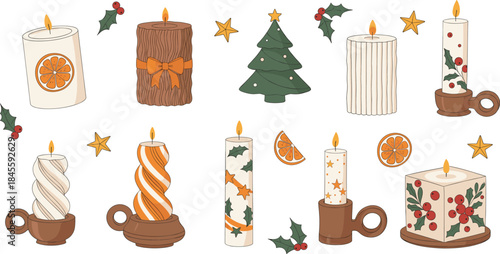 Christmas candle and festive decor vector set with holiday illustrations, cozy winter elements and seasonal ornament designs