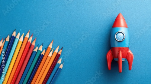 Fototapeta Naklejka Na Ścianę i Meble -  a vibrant classroom setting. a red rocket ship is perched on top of a cluster of colorful pencils, suggesting an environment conducive to creativity and learning