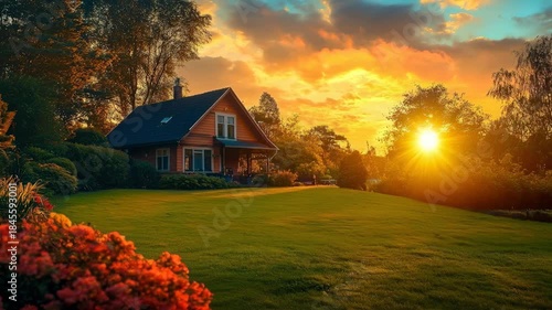 Cozy sunset cottage with garden and lawn, flowers and trees under glowing sky and sunlight tranquil rural landscape, serene evening mood