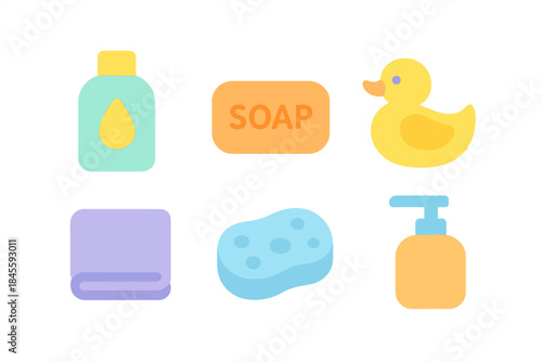 Colorful hygiene and bath icons with soap and rubber duck