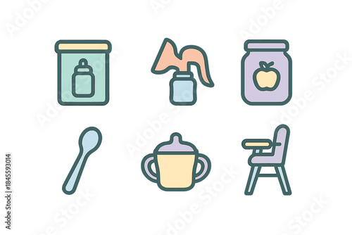 Baby food and feeding icon set with jars and utensils