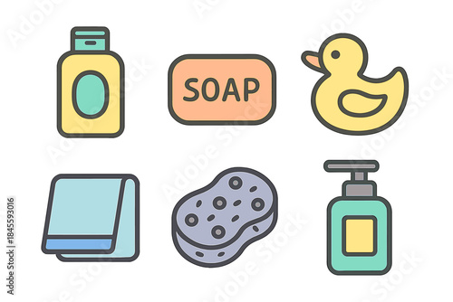Bathroom essentials illustration with soap, duck, and sponge icons