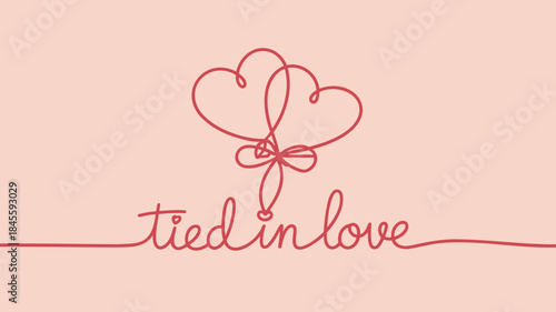 Warm pastel pink background with two hearts tied together in a bow with text tied in love