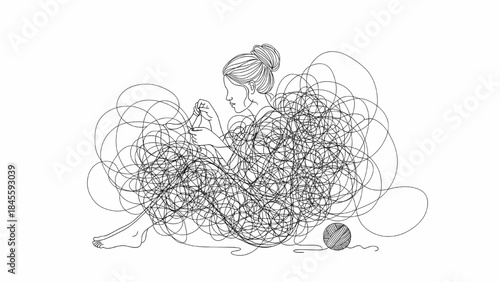 A woman sits cross-legged, surrounded and partially obscured by a large, chaotic tangle of lines, holding knitting needles, symbolizing being overwhelmed by a task or complexity.