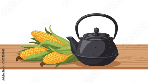 A black cast-iron kettle and several freshly harvested ears of corn arranged on a rustic wooden table, embodying a homely and natural setting.