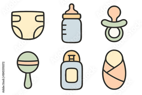 Baby care essentials icons with diaper, bottle, and pacifier