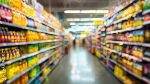 Blurred Aisle View: Abstract Background of Supermarket Shelves Filled with CPG Products - Retail and Consumer Trends