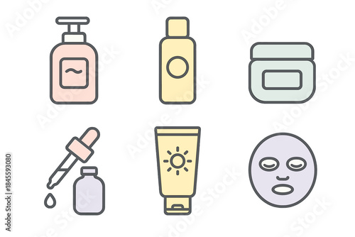 Skincare product icons set featuring bottles and jars