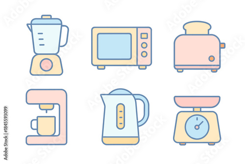 Set of pastel kitchen appliance icons with blue outlines