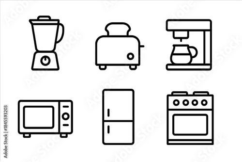 Set of kitchen appliance icons in black on dark background