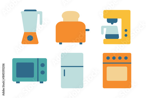 Colorful vector illustration of glowing kitchen appliance icons