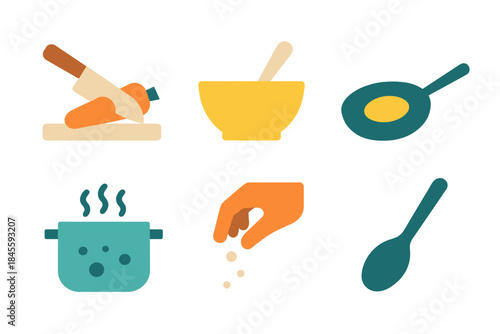 Glowing kitchen utensil icons with cooking pot and ingredients