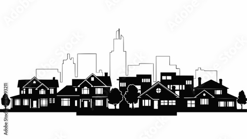 Silhouette of Suburban Houses in Front of City Skyline.