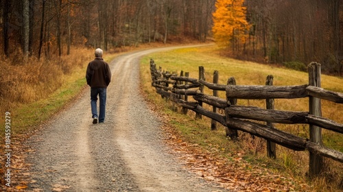 Older man walking countryside road autumn scenery fall foliage nature travel peaceful scene
