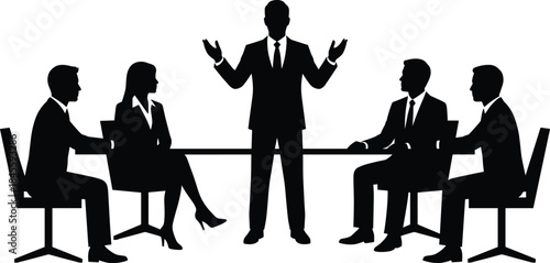 Corporate leadership meeting illustration, executive presenting strategy to business team, professional boardroom discussion, management teamwork concept, silhouettes, modern office