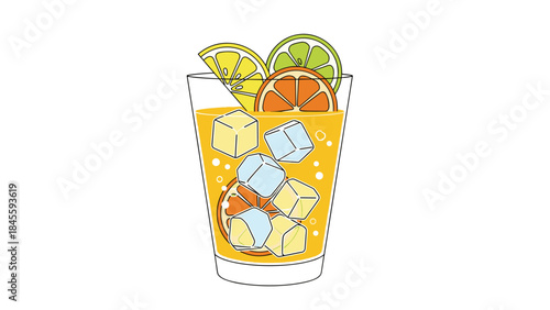A tall glass brimming with refreshing orange juice, packed with ice cubes and an assortment of vibrant lemon, lime, and orange slices.