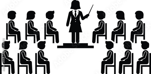 Female teacher classroom illustration, instructor explaining lesson to students, education training concept, academic lecture environment, school learning session, silhouettes, teaching presentation