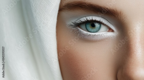 Female eye makeup close-up. Beauty Woman with white make up. Beautiful female face with bright make-up, closeup. Colour trend of 2026. Cloud Dancer Color Pantone 11-4201	