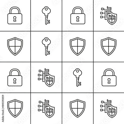 Cyber Security and Access Control Icon Pattern featuring Padlock, Key, and Shield Symbols in Minimal Line Art Style.