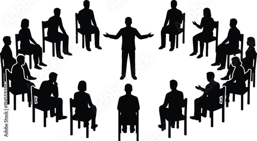 Group discussion leadership illustration, facilitator guiding people in circle meeting, teamwork communication concept, coaching session, silhouettes, collaboration, modern training workshop