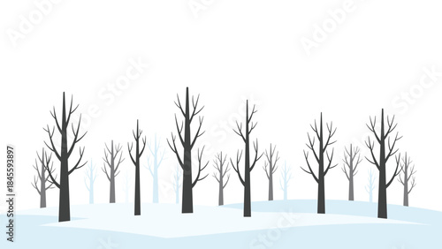 A serene winter landscape featuring a row of stark, bare trees standing on a snowy ground with a soft, misty background, evoking a cold atmosphere.