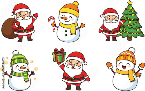 Cute Santa Claus and snowman character vector set with Christmas gifts, candy cane, decorated tree and playful winter holiday poses