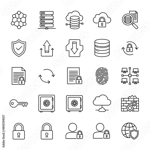 Data Security, Network Protection, and Database Management Line Icons Set.