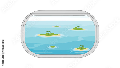 View from an airplane window looking down at serene tropical islands scattered across a calm, blue ocean, evoking a sense of peaceful travel.