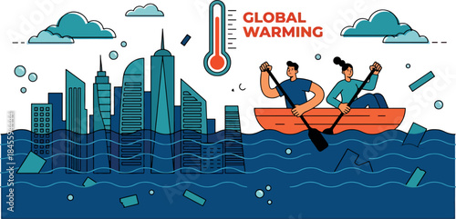 A flat vector illustration depicting global warming effects with a submerged city skyline, survivors rowing a boat, and a thermometer indicating rising temperatures