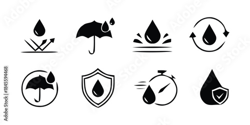 Waterproof Protection Icons Black Silhouette. Water Drop Shield and Umbrella Icon Set