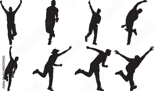 Dynamic silhouettes of people jumping and running on transparent background