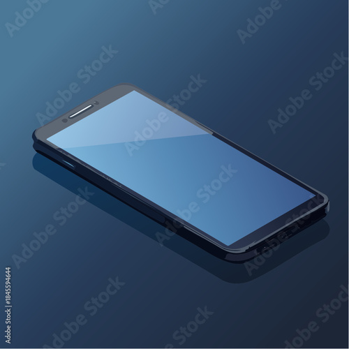 Modern black smart phone lies on a smooth dark blue surface or table in perspective view. Realistic vector illustration isometric smartphone.